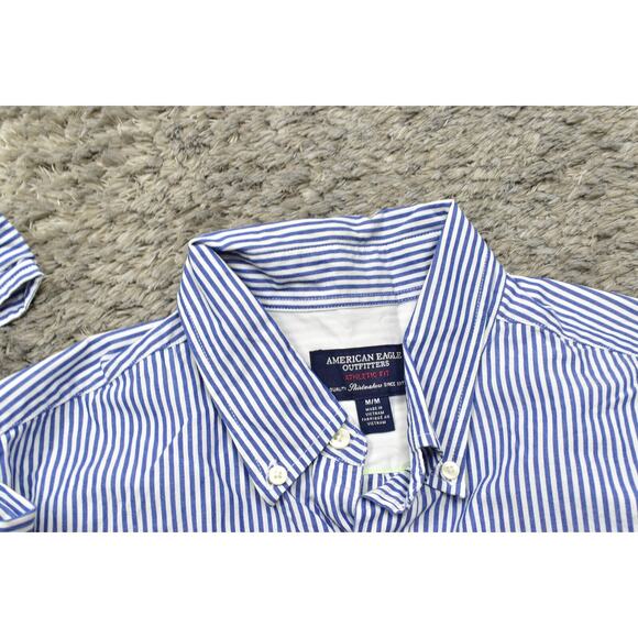 American Eagle Men's Medium Blue Striped Athletic Cotton Button Shirt - Picture 5 of 7